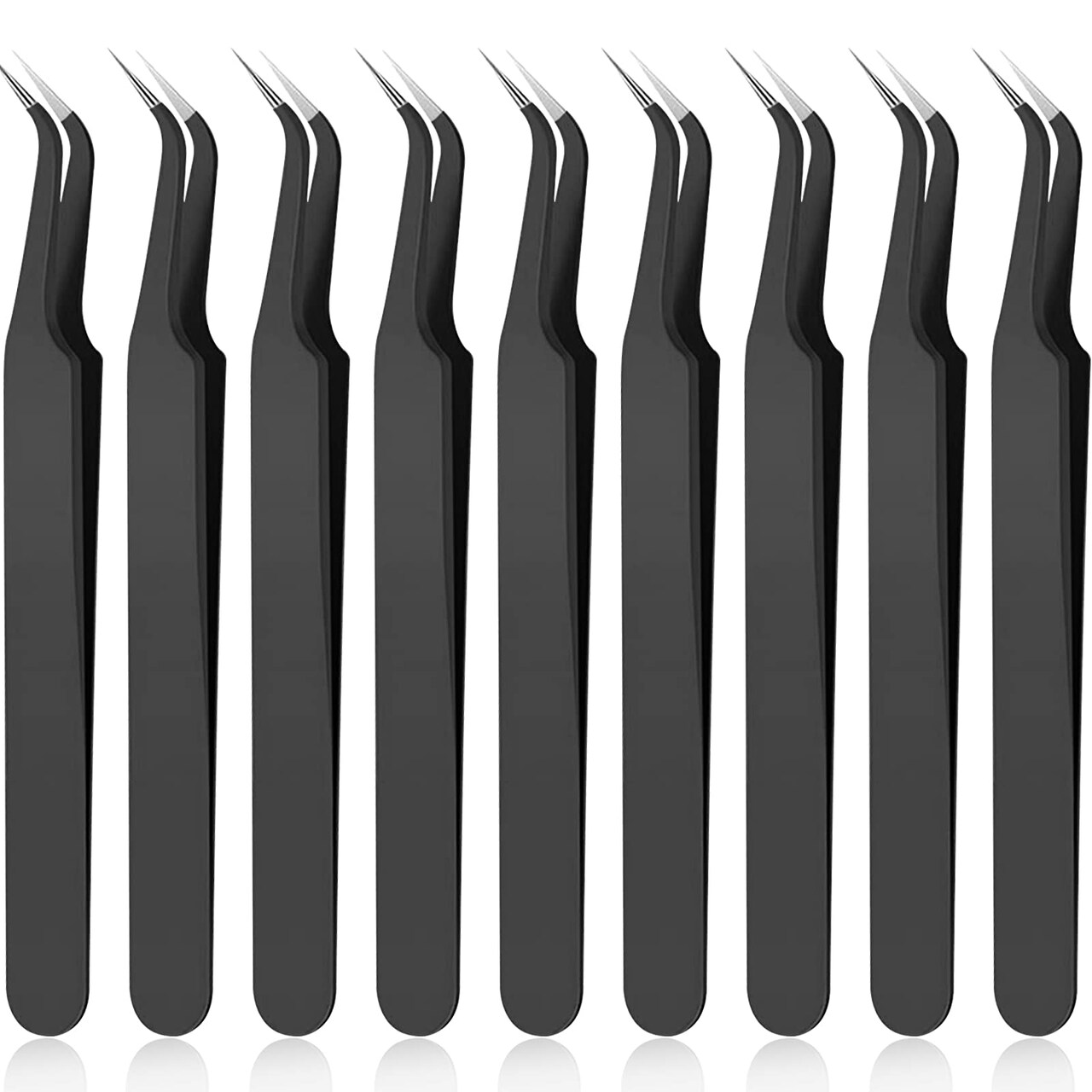 9 Pieces Curved Pointed Craft Tweezers Stainless Steel Precision Tweezer with Protective Cover for Rhinestones Dried Flowers Craft Stickers Eyelash Extension Jewelry Making(Black)